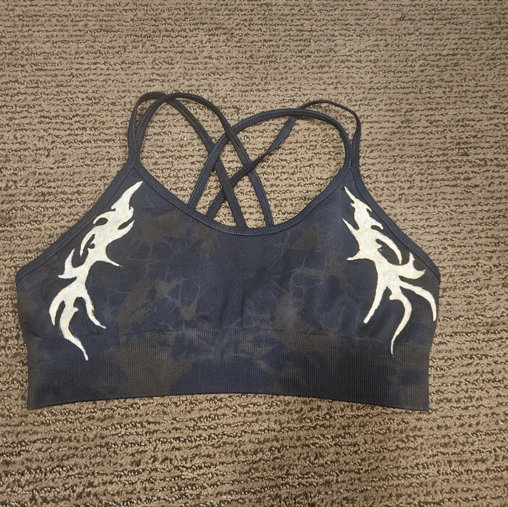 Navy blue sports bra with cybersigilism design